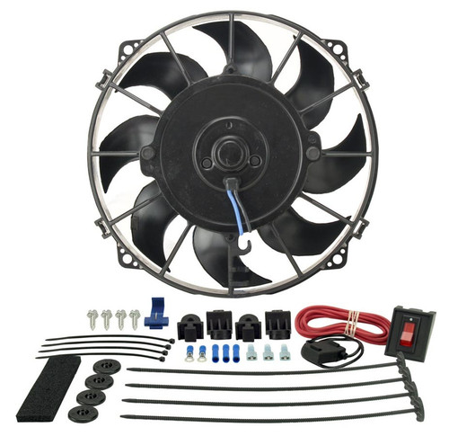 Electric Cooling Fan - Tornado - 8 in Fan - Push / Pull - 500 CFM - 12V - Curved Blade - 8.25 x 8 in - 2.375 in Thick - Install Kit - Plastic - Kit