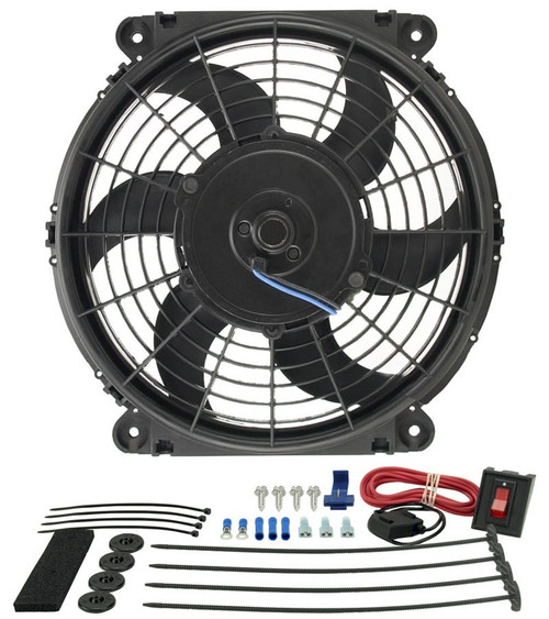 Electric Cooling Fan - Tornado - 10 in Fan - Push / Pull - 650 CFM - 12V - Curved Blade - 11.25 x 10.625 in - 2.5 in Thick - Install Kit - Plastic - Kit