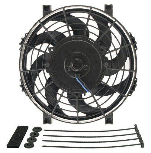Electric Cooling Fan - Tornado - 9 in Fan - Push / Pull - 570 CFM - 12V - Curved Blade - 9.625 x 9.5 in - 2.5 in Thick - Install Kit - Plastic - Kit