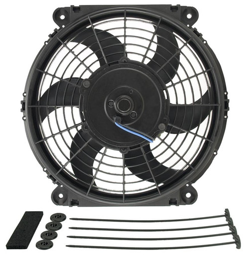 Electric Cooling Fan - Tornado - 10 in Fan - Push / Pull - 650 CFM - 12V - Curved Blade - 10.625 x 11.25 in - 2.5 in Thick - Install Kit - Plastic - Kit
