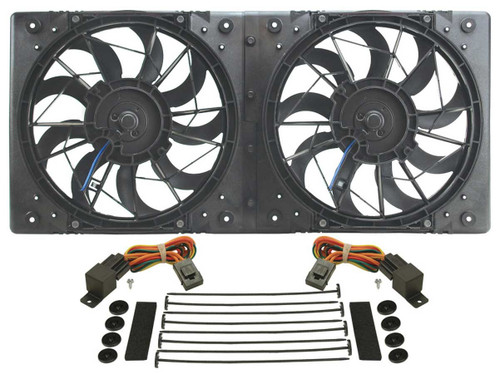 Electric Cooling Fan - HO RAD - Dual 10 in Fan - Puller - 1360 CFM - 12V - Curved Blade - 24.75 x 11.5 in - 3 in Thick - Install Kit - Plastic - Kit
