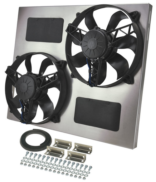 Electric Cooling Fan - HO RAD - Dual 12 in Fan - Puller - 3750 CFM - 12V - Curved Blade - 23.75 x 19.75 in - 4.5 in Thick - Aluminum Shroud - Plastic - Kit