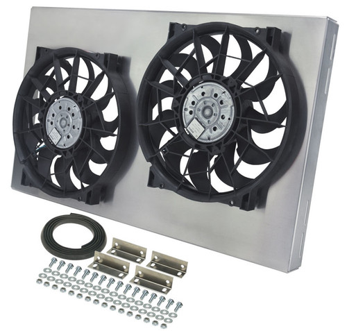Electric Cooling Fan - HO RAD - Dual 12 in Fan - Puller - 4000 CFM - 12V - Curved Blade - 28.25 x 17 in - 4 in Thick - Aluminum Shroud - Plastic - Kit