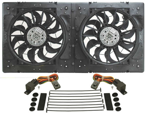 Electric Cooling Fan - HO RAD - Dual 12 in Fan - Puller - 4000 CFM - 12V - Curved Blade - 31.375 x 15.75 in - 3.25 in Thick - Plastic Shroud - Kit