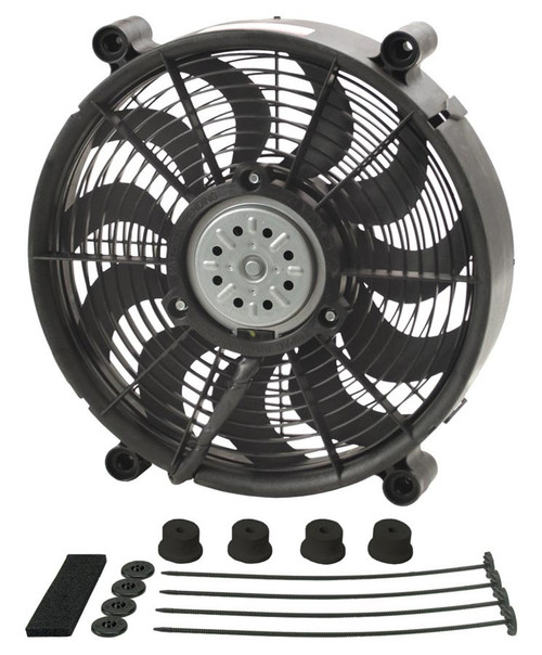 Electric Cooling Fan - HO RAD - 12 in Fan - Push / Pull - 1450 CFM - 12V - Curved Blade - 12.75 in Square - 2.625 in Thick - Install Kit - Plastic - Kit