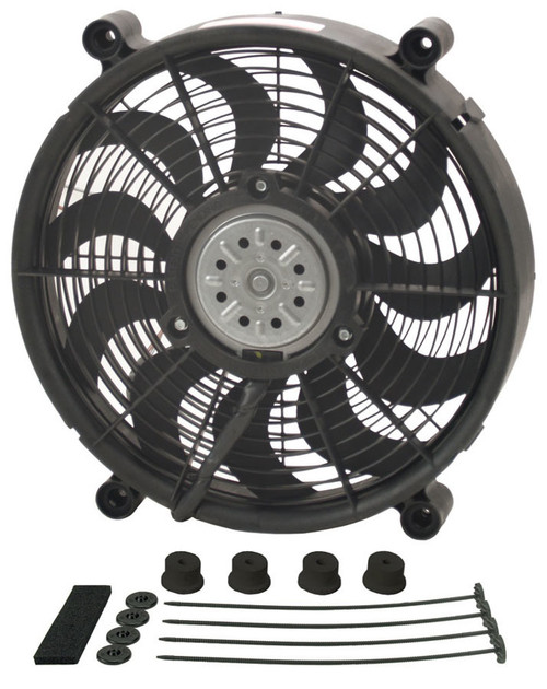 Electric Cooling Fan - HO RAD - 14 in Fan - Push / Pull - 2100 CFM - 12V - Curved Blade - 14.5 in Square - 2.625 in Thick - Install Kit - Plastic - Kit