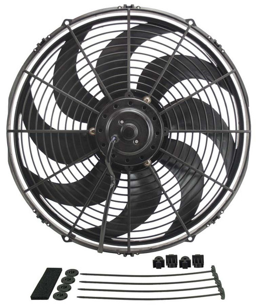 Electric Cooling Fan - Dyno Cool - 16 in Fan - Push / Pull - 1980 CFM - 12V - Curve Blade - 16.5 x 15.625 in - 3.625 in - Install Kit - Plastic - Kit