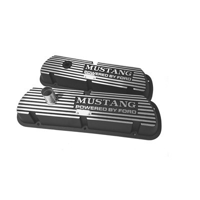 Valve Cover - Classic - Stock Height - Finned - Aluminum - Black Powder Coat - Mustang Powered By Ford Text Logo - Ford Mustang 1964-72 - Pair