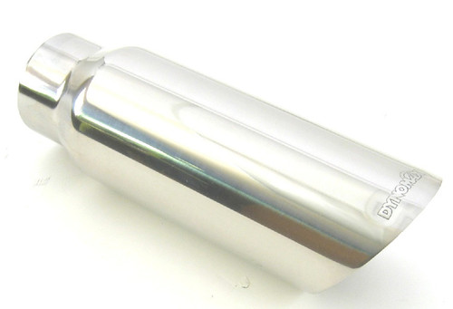 Exhaust Tip - Clamp-On - 2.5 in Inlet - 4 in Round Outlet - 12 in Long - Single Wall - Rolled Edge - Angled Cut - Stainless - Polished - Each