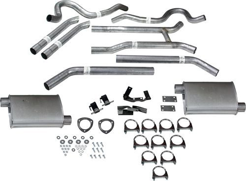 Exhaust System - Thrush Turbo - Header-Back - 2.5 in Diameter - Dual Rear Exit - Steel - Aluminized - GM A-Body 1964-72 - Kit