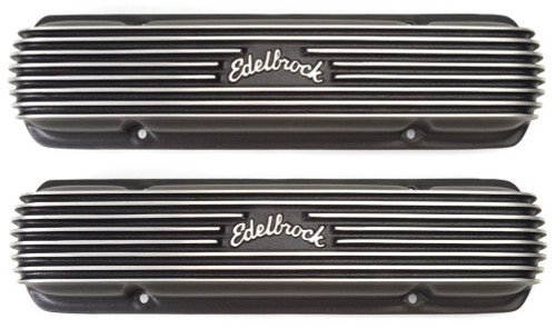 Valve Cover - Classic - Short - Finned - Edelbrock Logo - Aluminum - Black Powder Coat - Pontiac V8 - Pair