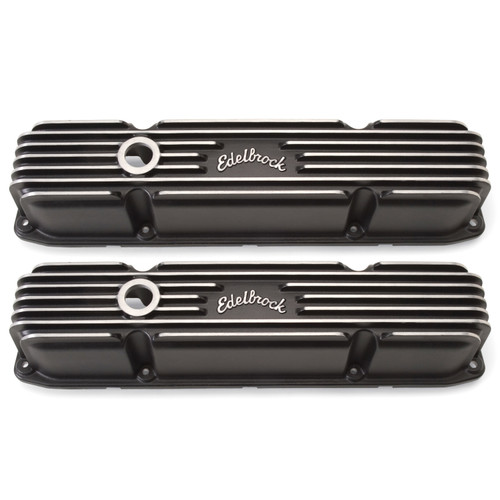 Valve Cover - Classic - Tall - Finned - Breather Hole - Edelbrock Logo - Aluminum - Black Powder Coat - Mopar B / RB-Series - Pair