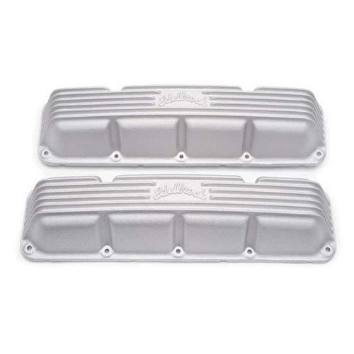 Valve Cover - Classic - Short - Finned - Breather Hole - Edelbrock Logo - Aluminum - Satin - AMC V8 - Pair