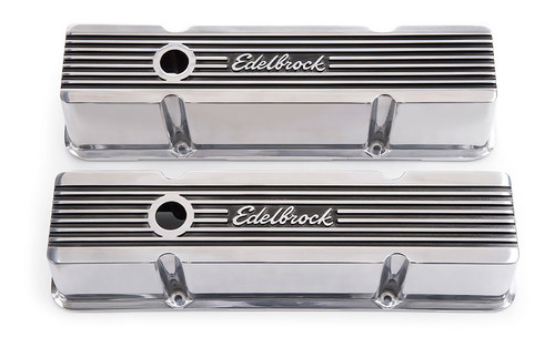 Valve Cover - Elite II - Tall - Finned - Baffled - Breather Hole - Edelbrock Logo - Aluminum - Polished - Small Block Chevy - Pair
