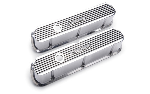 Valve Cover - Elite II - Tall - Finned - Baffled - Breather Hole - Edelbrock Logo - Aluminum - Polished - Small Block Ford - Pair