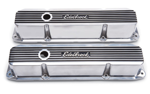 Valve Cover - Elite II - Tall - Finned - Baffled - Breather Hole - Edelbrock Logo - Aluminum - Polished - Mopar B / RB-Series - Pair