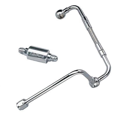 Carburetor Fuel Line - Thunder AVS - 6 AN Female Inlet - Dual 5/8-20 in Outlets - Polished Filter - Braided Stainless Hose - Chrome - Edelbrock Thunder AVS Carburetors - Kit
