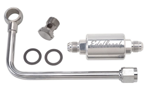 Carburetor Fuel Line - 6 AN Female Inlet - 5/8-20 in Outlet - Polished Filter - Stainless - Chrome - Edelbrock Performer / Thunder AVS Carburetors - Kit Carburetor Fuel Line - 6 AN Female Inlet - 5/8-20 in Outlet - Polished Filter - Stainless - Chrome - Edelbrock Performer / Thunder AVS Carburetors - Kit