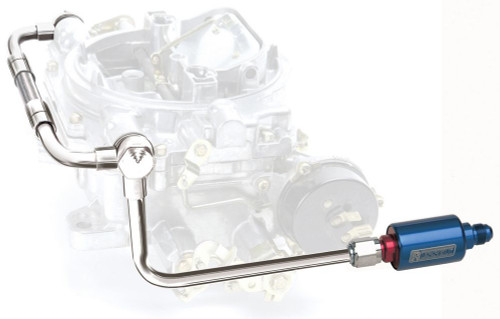 Carburetor Fuel Line - Thunder AVS - 6 AN Female Inlet - Dual 5/8-20 in Outlets - Blue Anodized Filter - Stainless - Chrome - Edelbrock Thunder AVS Carburetors - Kit Carburetor Fuel Line - Thunder AVS - 6 AN Female Inlet - Dual 5/8-20 in Outlets - Blue Anodized Filter - Stainless - Chrome - Edelbrock Thunder AVS Carburetors - Kit