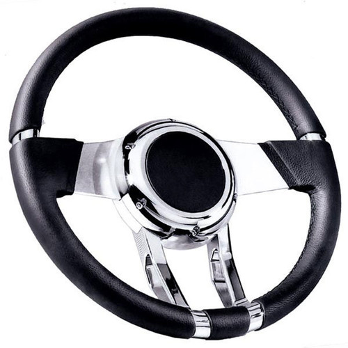 Steering Wheel - Waterfall - 13.81 in Diameter - 3-Spoke - Black Leather Grip - Aluminum - Polished - Each