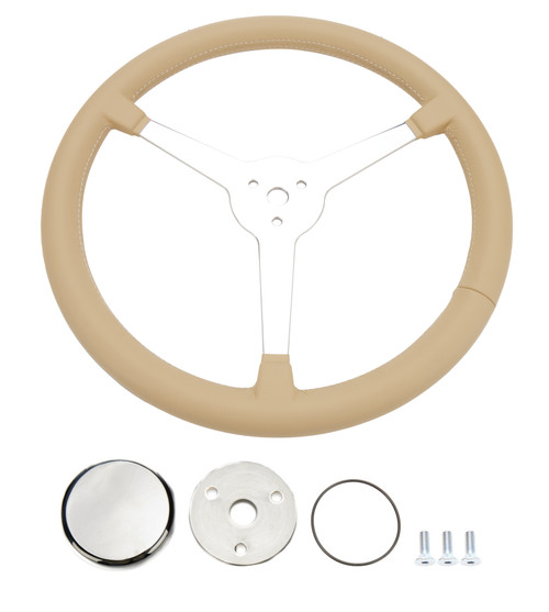 Steering Wheel - Great Lakes - 14 in Diameter - Flat - 3-Spoke - Light Tan Leather Grip - Aluminum - Polished - Each