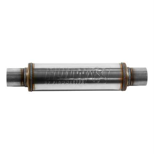 Muffler - Flow FX - 2.5 in Center Inlet - 2.5 in Center Outlet - 14 x 4 in Round Body - 20 in Long - Stainless - Natural - Universal - Each Muffler - Flow FX - 2.5 in Center Inlet - 2.5 in Center Outlet - 14 x 4 in Round Body - 20 in Long - Stainless - Natural - Universal - Each