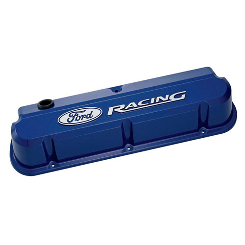 Valve Cover - Slant-Edge - Tall - Baffled - Breather Hole - Raised Ford Racing Logo - Aluminum - Blue Powder Coat - Small Block Ford - Pair
