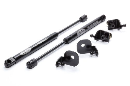 Hood Struts - Brackets / Gas Struts / Hardware - Laser Etched Ford Logo - Aluminum / Steel - Black Powder Coat - Ford Mustang 2015-23 - Kit