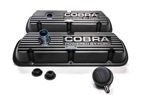 Valve Cover - Short - Finned - Baffled - Breather Hole - Breather - Cobra Logo - Aluminum - Black Wrinkle Paint - Small Block Ford - Pair