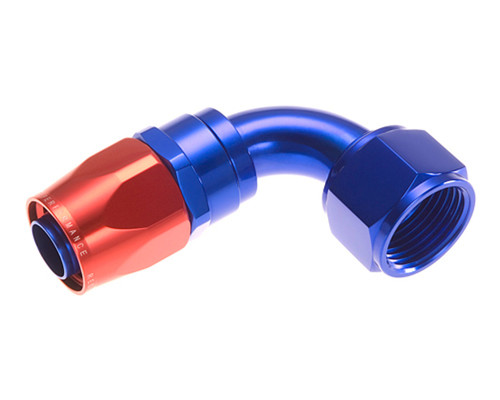 Fitting - Hose End - 1090 Series - 90 Degree - 6 AN Hose to 6 AN Female - Swivel - Aluminum - Blue / Red Anodized - Each