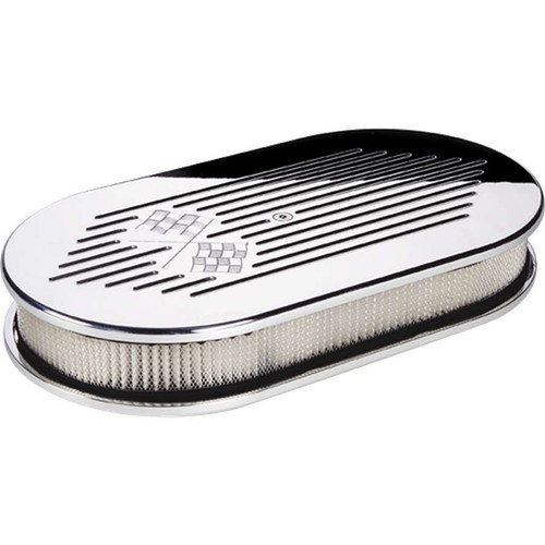Air Cleaner Assembly - 15 x 8.5 in Oval - 3 in Tall - 5-1/8 in Carb Flange - Raised Base - Ribbed - Aluminum - Polished - Kit