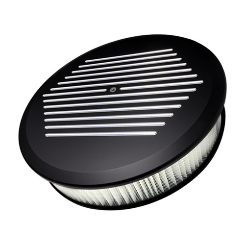 Air Cleaner Assembly - 14 in Round - 3 in tall - 5-1/8 in Carb Flange - Dropped Base - Ball Milled - Aluminum - Black Powder Coat - Kit