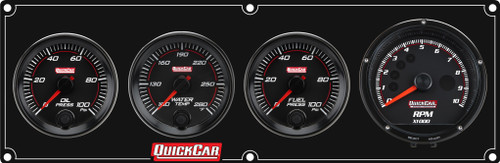 Gauge Panel Assembly - Redline - Oil Pressure / Water Temperature / Fuel Pressure / Tachometer - Tachometer Recall - 3 in / 2-5/8 in Diameter - Black Face - Aluminum - Black Anodized - Kit