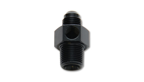 Fitting - Adapter - Straight - 8 AN Male to 1/4 in NPT Male - 1/8 in NPT Gauge Port - Aluminum - Black Anodized - Each Fitting - Adapter - Straight - 8 AN Male to 1/4 in NPT Male - 1/8 in NPT Gauge Port - Aluminum - Black Anodized - Each