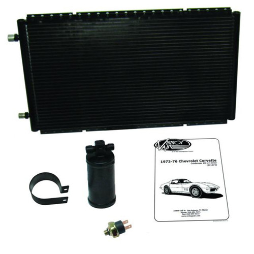 Air Conditioning Condenser and Drier - SureFit - Horizontal - 24 x 14 in - 6 AN / 8 AN Male O-Ring Fittings - Aluminum - Black Paint - Chevy Corvette 1973-76 - Kit