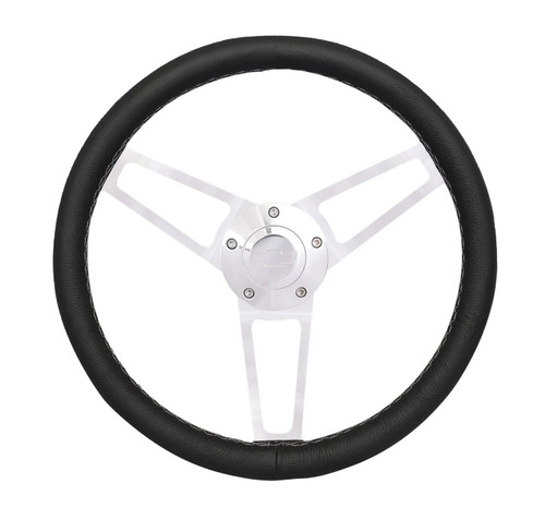 Steering Wheel - Billet Series for Chevrolet - 13.75 in Diameter - Flat - 3-Spoke - Black Leather Grip - Chevrolet Bowtie Logo - Aluminum - Polished - GM 1957-69 - Each