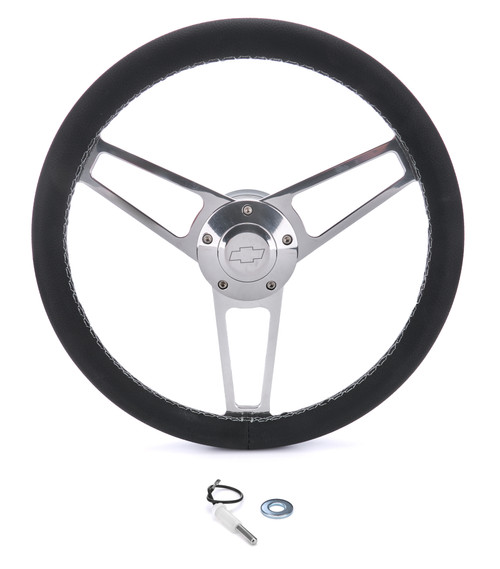 Steering Wheel - Billet Series for Chevrolet - 13.75 in Diameter - Flat - 3-Spoke - Black Leather Grip - Chevrolet Bowtie Logo - Aluminum - Polished - GM Fullsize SUV / Truck / Van 1970-75 - Each