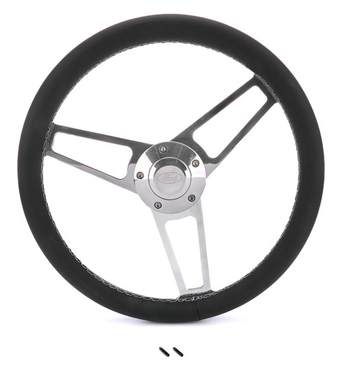 Steering Wheel - Billet Series for Ford - 13.75 in Diameter - Flat - 3-Spoke - Black Leather Grip - Ford Oval Logo - Aluminum - Polished - Ford Fullsize SUV / Truck / Van 1965-77 - Each