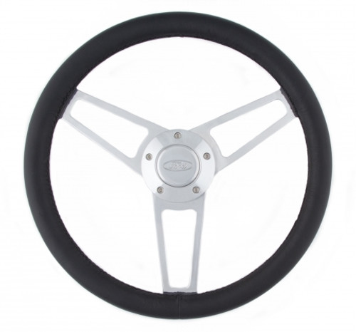 Steering Wheel - Billet Series for Ford - 13.75 in Diameter - Flat - 3-Spoke - Black Leather Grip - Ford Oval Logo - Aluminum - Polished - Ford Fullsize SUV / Truck / Van 1965-77 - Each Steering Wheel - Billet Series for Ford - 13.75 in Diameter - Flat - 3-Spoke - Black Leather Grip - Ford Oval Logo - Aluminum - Polished - Ford Fullsize SUV / Truck / Van 1965-77 - Each