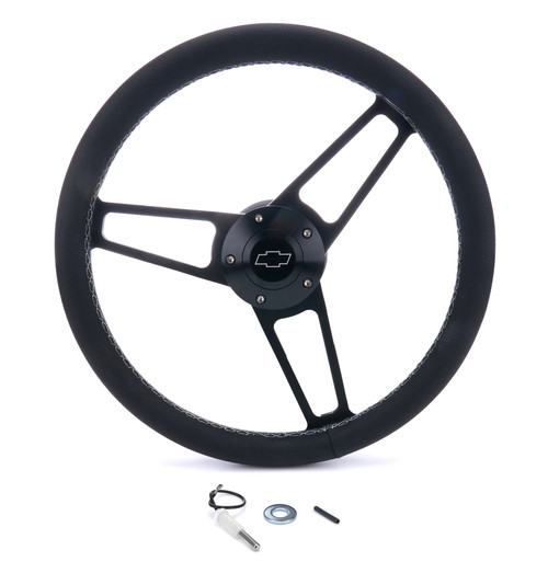 Steering Wheel - Billet Series for Chevrolet - 13.75 in Diameter - Flat - 3-Spoke - Black Leather Grip - Chevrolet Bowtie Logo - Aluminum - Black Anodized - GM 1957-69 - Each