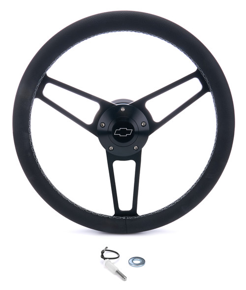 Steering Wheel - Billet Series for Chevrolet - 13.75 in Diameter - Flat - 3-Spoke - Black Leather Grip - Chevrolet Bowtie Logo - Aluminum - Black Anodized - GM Fullsize SUV / Truck / Van 1970-75 - Each