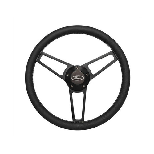 Steering Wheel - Billet Series for Ford - 13.75 in Diameter - Flat - 3-Spoke - Black Leather Grip - Ford Oval Logo - Aluminum - Black Anodized - Ford Fullsize SUV / Truck / Van 1965-77 - Each