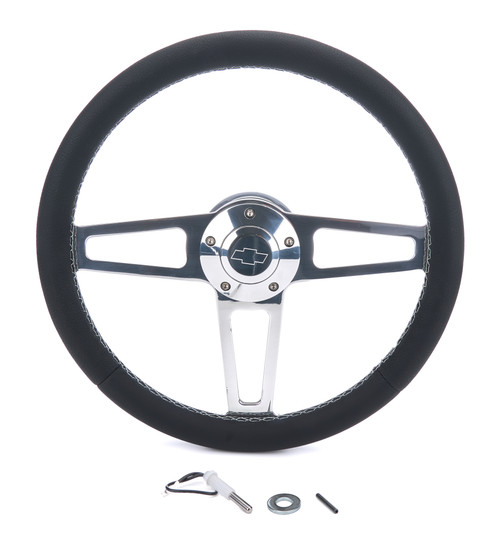 Steering Wheel - T Series - 13.75 in Diameter - Flat - 3-Spoke - Black Leather Grip - Chevrolet Bowtie Logo - Aluminum - Polished - GM 1957-69 - Each