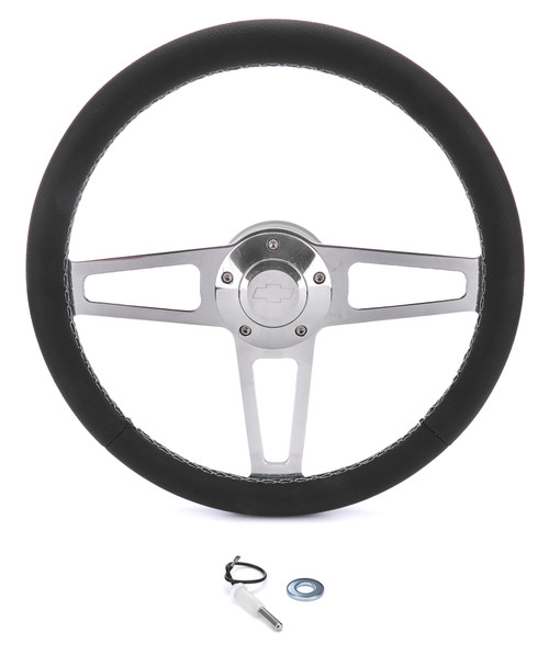 Steering Wheel - T Series - 13.75 in Diameter - Flat - 3-Spoke - Black Leather Grip - Chevrolet Bowtie Logo - Aluminum - Polished - GM Fullsize SUV / Truck / Van 1970-75 - Each