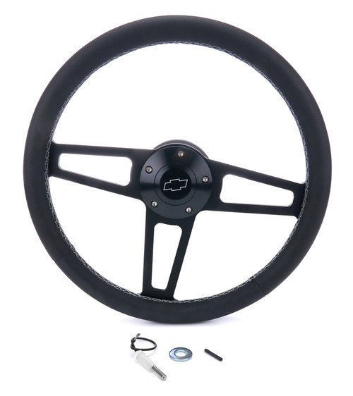 Steering Wheel - T Series - 13.75 in Diameter - Flat - 3-Spoke - Black Leather Grip - Chevrolet Bowtie Logo - Aluminum - Black Anodized - GM 1957-69 - Each