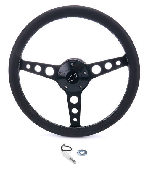 Steering Wheel - Classic Series - 13.75 in Diameter - Flat - 3-Spoke - Black Leather Grip - Chevrolet Bowtie Logo - Aluminum - Black Anodized - GM 1957-69 - Each
