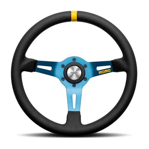 Steering Wheel - MOD. 08 330 - 330 mm Diameter - 85 mm Dish - 3-Spoke - Black Leather Grip - Yellow Stripe - Aluminum - Blue Anodized - Each