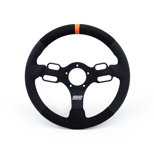 Steering Wheel - Drag Race - 13 in Diameter - 1.25 in Dish - 3-Spoke - Black Synthetic Grip - Orange Stripe - Aluminum - Black Anodized - Each Steering Wheel - Drag Race - 13 in Diameter - 1.25 in Dish - 3-Spoke - Black Synthetic Grip - Orange Stripe - Aluminum - Black Anodized - Each