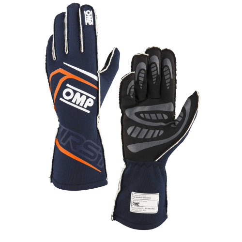 Driving Gloves - First - FIA Approved - Single Layer - Fire Retardant Fabric - Navy Blue / Fluorescent Orange - Medium - Pair