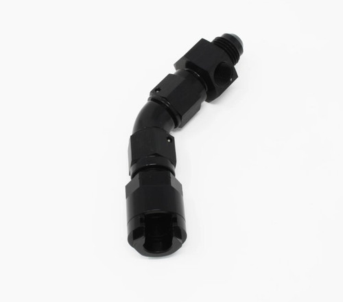 Fitting - Legacy VaporWorx - Fuel Line Adapter - 45 Degree - 6 AN Male to 3/8 in Female Quick Disconnect - 1/8 in NPT Port - Screw-In End Cap - Aluminum - Black Anodized - Each Fitting - Legacy VaporWorx - Fuel Line Adapter - 45 Degree - 6 AN Male to 3/8 in Female Quick Disconnect - 1/8 in NPT Port - Screw-In End Cap - Aluminum - Black Anodized - Each